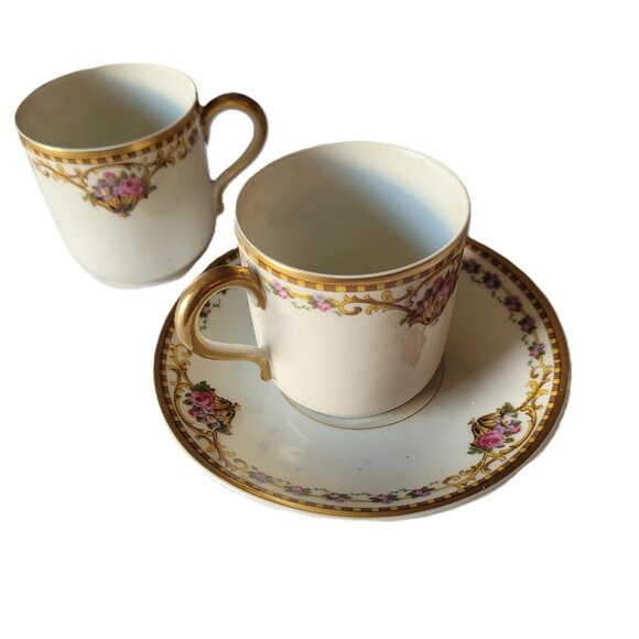 Bernardaud Limoges Demitasse Cups & Saucer Porcelain Pink Rose Gilded - Picture 1 of 11